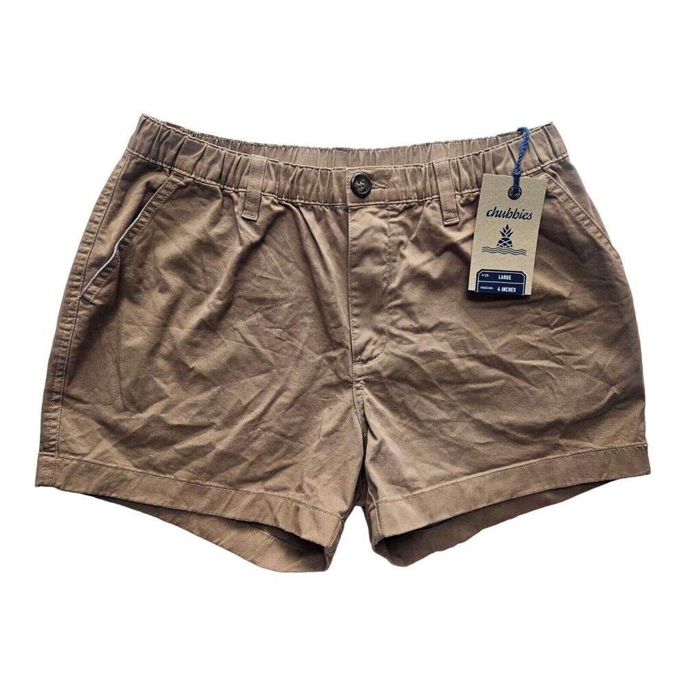 CHUBBIES Men L Shorts The Staples Tan Stretch Twill Zipper Button Elastic 4" NEW